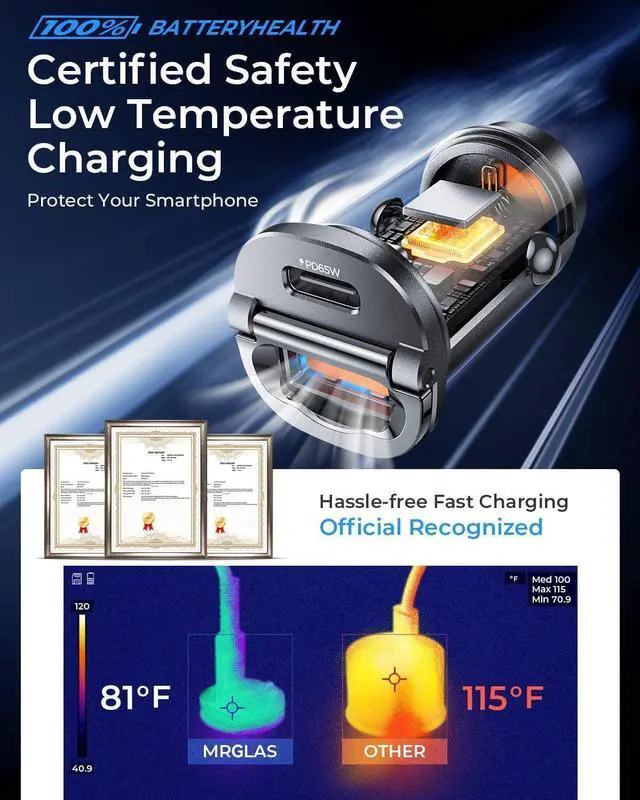 Alt view image 6 of 7 - MRGLAS [2-Pack]125W USB C Car Charger, Mini Metal USB C Car Charger Adapter Fast Charging PD65W & QC60W Dual Port Type C Car Cigarette Lighter USB Charger for iPhone 15 14 ProMax iPad Samsung Macbook