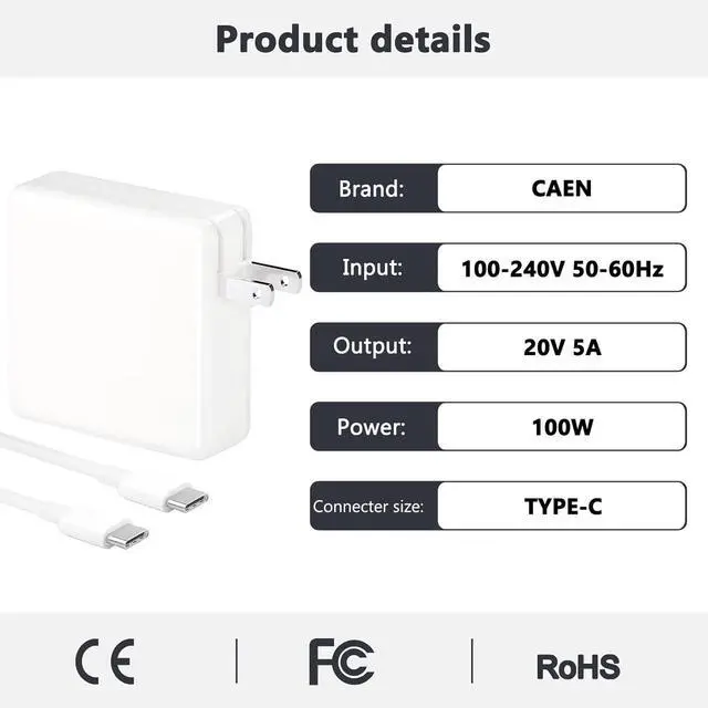 Alt view image 2 of 7 - Mac Book Pro Charger - 100W USB C Charger Fast Charger for Mac Book Pro 16/15/14/13 Inch, Mac Book Air 13 Inch, iPad Pro 2021/2020/2019/2018 Power Adapter for Mac Book and All USB-C Laptops and Phones