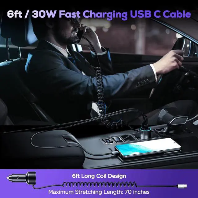Alt view image 3 of 7 - USB C Car Charger, 75W Metal 3-Port Super Fast Car Charger Adapter PD & QC3.0 Built-in 6ft Type C Coiled Cable for Samsung Galaxy S22/21 iPhone iPad Pro Pixel Android Phones