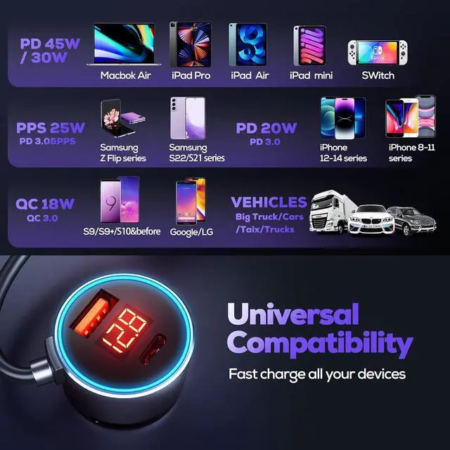 Alt view image 7 of 7 - USB C Car Charger, 75W Metal 3-Port Super Fast Car Charger Adapter PD & QC3.0 Built-in 6ft Type C Coiled Cable for Samsung Galaxy S22/21 iPhone iPad Pro Pixel Android Phones