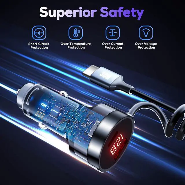 Alt view image 6 of 7 - USB C Car Charger, 75W Metal 3-Port Super Fast Car Charger Adapter PD & QC3.0 Built-in 6ft Type C Coiled Cable for Samsung Galaxy S22/21 iPhone iPad Pro Pixel Android Phones