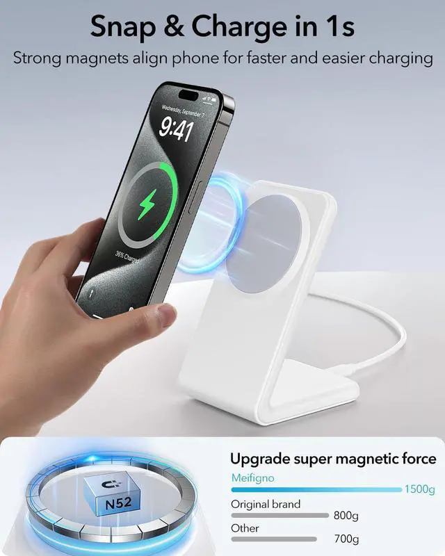 Alt view image 4 of 7 - 2 Pack Meifigno for MagSafe-Compatible Charger Stand with [20W USB C Charger Block & USB C Cable x2], Fast Wireless Charger Designed for iPhone 16 Pro Max/ 15 14 13 12 Series, AirPods 4/3/Pro, White