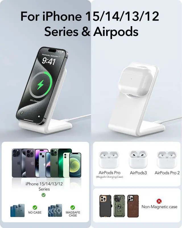 Alt view image 5 of 7 - 2 Pack Meifigno for MagSafe-Compatible Charger Stand with [20W USB C Charger Block & USB C Cable x2], Fast Wireless Charger Designed for iPhone 16 Pro Max/ 15 14 13 12 Series, AirPods 4/3/Pro, White