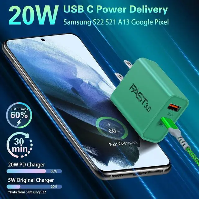 Alt view image 2 of 7 - Fast Charging Wall Charger with USB C Cable 10FT, 2-Pack 20W USB C Power Adapter Dual Port Fast Charger Block+ Right-Angle 3A C to C Cable Fit for iPhone 16 15 Samsung Galaxy S22 Ultra S21 S20 S10