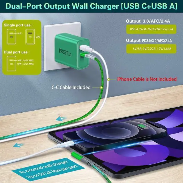 Alt view image 3 of 7 - Fast Charging Wall Charger with USB C Cable 10FT, 2-Pack 20W USB C Power Adapter Dual Port Fast Charger Block+ Right-Angle 3A C to C Cable Fit for iPhone 16 15 Samsung Galaxy S22 Ultra S21 S20 S10
