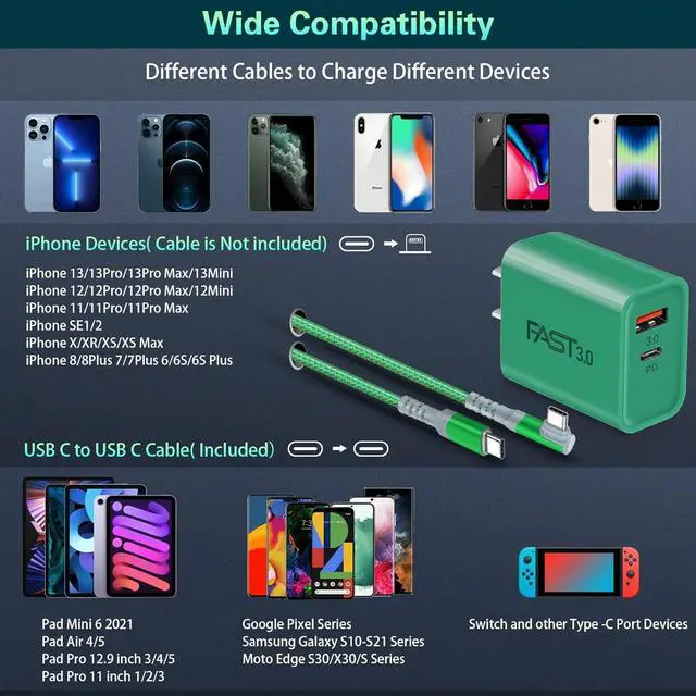 Alt view image 7 of 7 - Fast Charging Wall Charger with USB C Cable 10FT, 2-Pack 20W USB C Power Adapter Dual Port Fast Charger Block+ Right-Angle 3A C to C Cable Fit for iPhone 16 15 Samsung Galaxy S22 Ultra S21 S20 S10