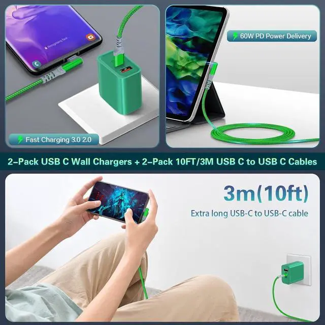 Alt view image 6 of 7 - Fast Charging Wall Charger with USB C Cable 10FT, 2-Pack 20W USB C Power Adapter Dual Port Fast Charger Block+ Right-Angle 3A C to C Cable Fit for iPhone 16 15 Samsung Galaxy S22 Ultra S21 S20 S10