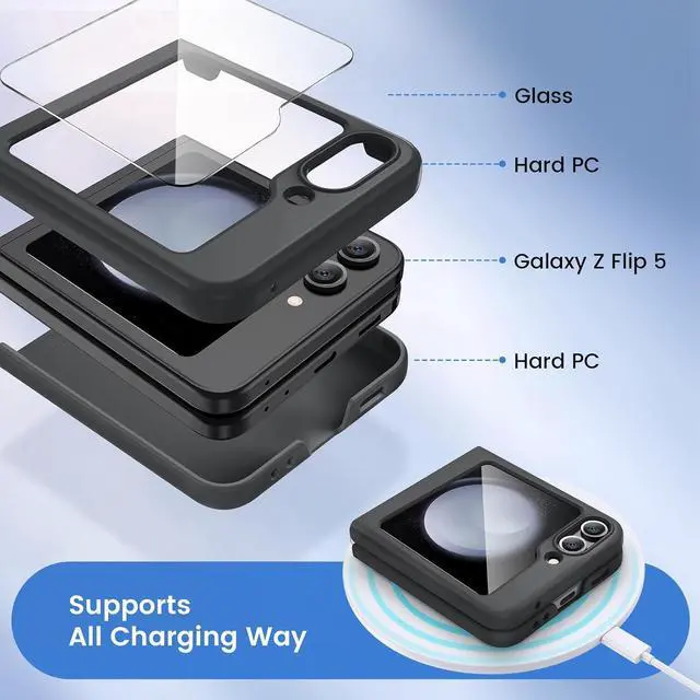 Alt view image 3 of 7 - Ruky for Samsung Galaxy Z Flip 5 Case, Full Body Cover Hard PC Ultra-Thin Anti-Scratches Shockproof, Support Wireless Charging Protective Phone Case for Samsung Galaxy Z Flip 5, Black