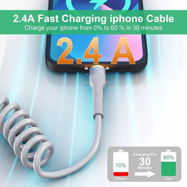 Alt view image 5 of 7 - Coiled iPhone Lightning Cable Apple Carplay Cable MFi Certified, Retractable Apple Car Play Cord with Data Sync and LED, Short Coiled iPhone Charger Cable for iPhone/Pad/Pod, White