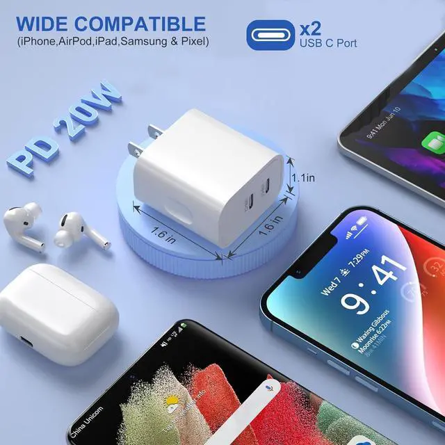 Alt view image 3 of 7 - USB C Fast Charger Block, Costyle 3 Pack 20W Dual Port USB C Charging Block Brick, Double C Type Charger Cube for iPhone 16 15 14 13 12 11 Pro Max Plus XS XR iPad Airpods(White)