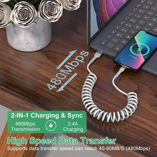 Alt view image 4 of 7 - Coiled iPhone Lightning Cable Apple Carplay Cable MFi Certified, Retractable Apple Car Play Cord with Data Sync and LED, Short Coiled iPhone Charger Cable for iPhone/Pad/Pod, White