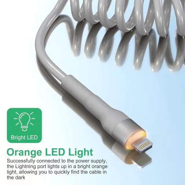 Alt view image 6 of 7 - Coiled iPhone Lightning Cable Apple Carplay Cable MFi Certified, Retractable Apple Car Play Cord with Data Sync and LED, Short Coiled iPhone Charger Cable for iPhone/Pad/Pod, White