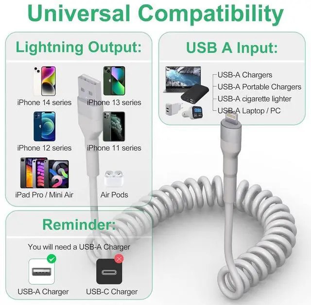 Alt view image 7 of 7 - Coiled iPhone Lightning Cable Apple Carplay Cable MFi Certified, Retractable Apple Car Play Cord with Data Sync and LED, Short Coiled iPhone Charger Cable for iPhone/Pad/Pod, White