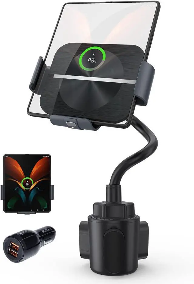 Main image of Wireless Car Charger for Z Fold 6/5/4/3/2, Dual Coil Cup Holder Phone Mount, Wireless Car Charger for Tesla, Auto Clamping Fast Charging for iPhone 16/15/14(Not Fit for Pixel Fold)