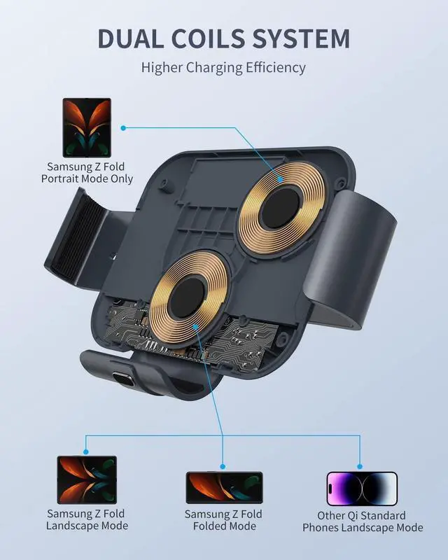 Alt view image 2 of 6 - Wireless Car Charger for Z Fold 6/5/4/3/2, Dual Coil Cup Holder Phone Mount, Wireless Car Charger for Tesla, Auto Clamping Fast Charging for iPhone 16/15/14(Not Fit for Pixel Fold)