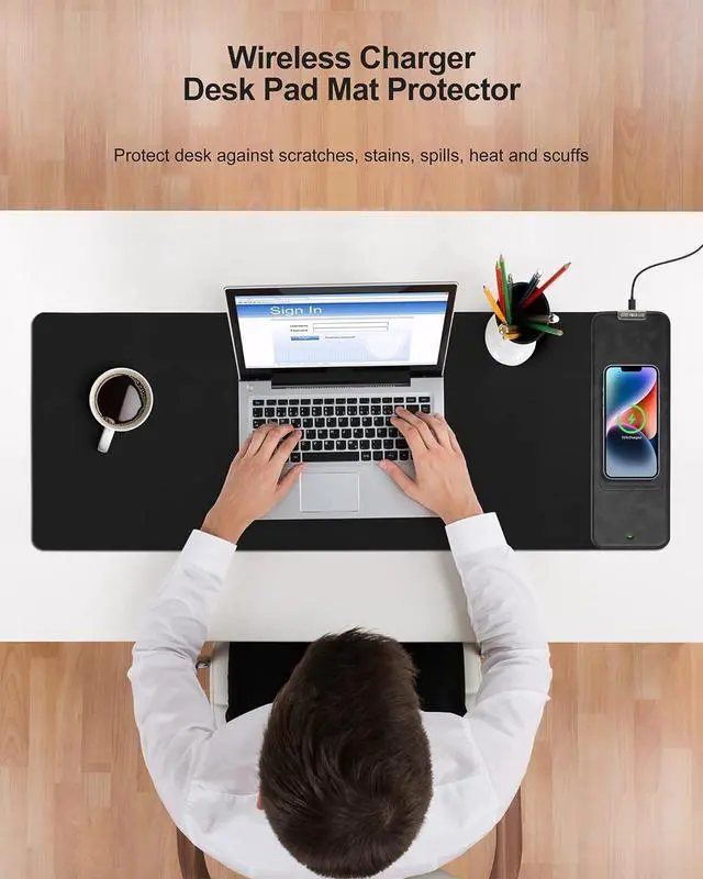 Alt view image 4 of 7 - Mouse Pad with Wireless Charging, Black Mousepad Long Desk Mat, Large Gaming Mouse Pad, Soft Mouse Pad Gaming Desk Pad with Non-Slip Rubber Base, Extended Computer Keyboard Mat Office Mice Pad