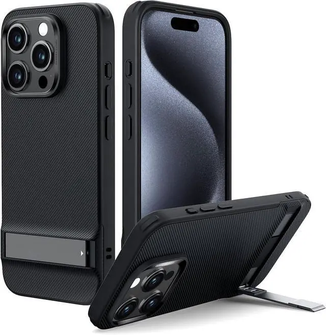 Main image of ESR for iPhone 15 Pro Case, Metal Kickstand Case, 3 Stand Modes, Military-Grade Drop Protection, Supports Wireless Charging, Slim Back Cover with Patented Kickstand, Boost Series, Black