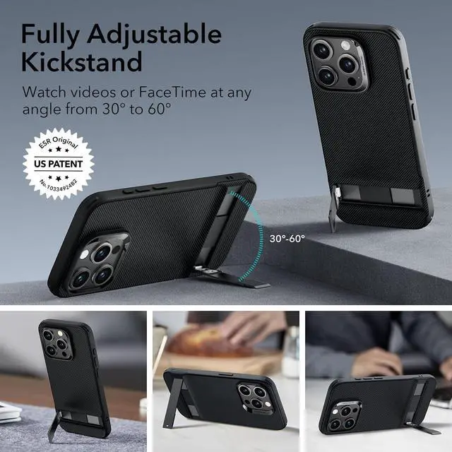 Alt view image 3 of 7 - ESR for iPhone 15 Pro Case, Metal Kickstand Case, 3 Stand Modes, Military-Grade Drop Protection, Supports Wireless Charging, Slim Back Cover with Patented Kickstand, Boost Series, Black