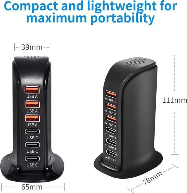Alt view image 2 of 7 - 6-Port USB Wall Charger Desktop Charging Station Quick Charge,Compatible with lphone15, 14,13, 12, 11, XS, XR, X, SE, 8, 7, Ipads, Samsung Galaxy, Tablets and Other Electronics(Black)
