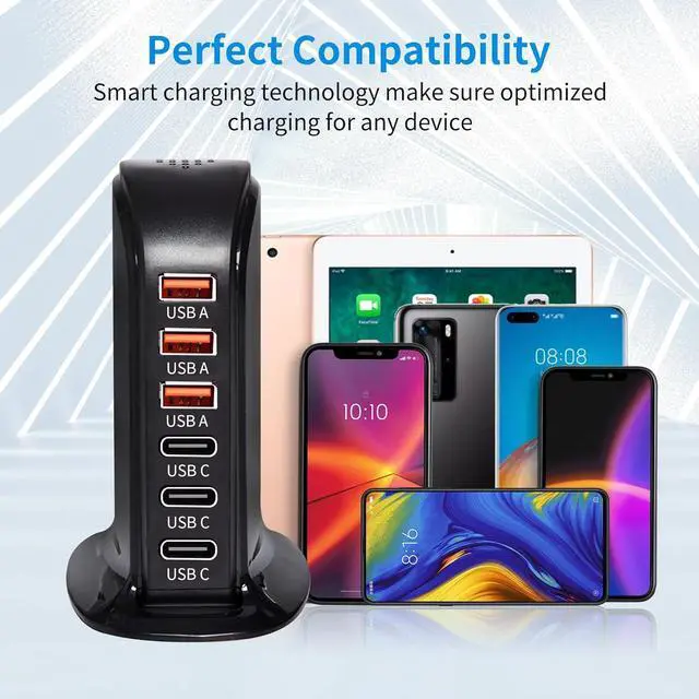 Alt view image 4 of 7 - 6-Port USB Wall Charger Desktop Charging Station Quick Charge,Compatible with lphone15, 14,13, 12, 11, XS, XR, X, SE, 8, 7, Ipads, Samsung Galaxy, Tablets and Other Electronics(Black)