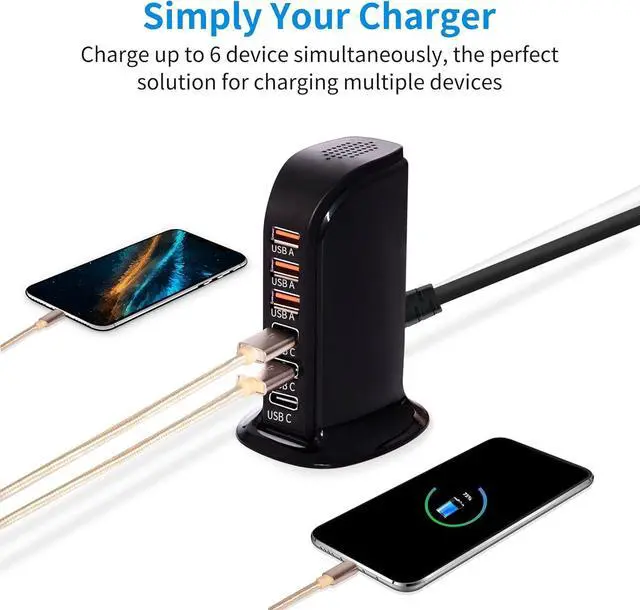 Alt view image 5 of 7 - 6-Port USB Wall Charger Desktop Charging Station Quick Charge,Compatible with lphone15, 14,13, 12, 11, XS, XR, X, SE, 8, 7, Ipads, Samsung Galaxy, Tablets and Other Electronics(Black)