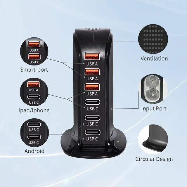 Alt view image 6 of 7 - 6-Port USB Wall Charger Desktop Charging Station Quick Charge,Compatible with lphone15, 14,13, 12, 11, XS, XR, X, SE, 8, 7, Ipads, Samsung Galaxy, Tablets and Other Electronics(Black)