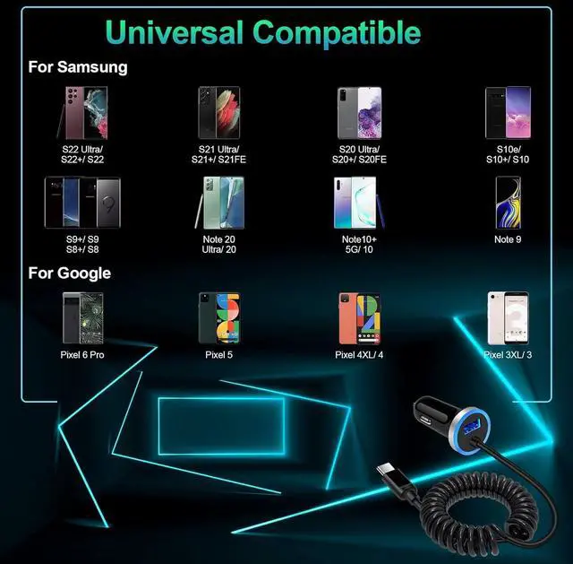 Alt view image 7 of 7 - Android C Type USB C S25 Edge Car Charger Fast Charging for Samsung Galaxy S25 Ultra/25 Plus/S24 Ultra/S23/S22/A56/A36/A26/A16/A06/A54/A53/A35/A55/A05S, Car Adapter Plug 3.4A+3FT Coiled USB C Cable