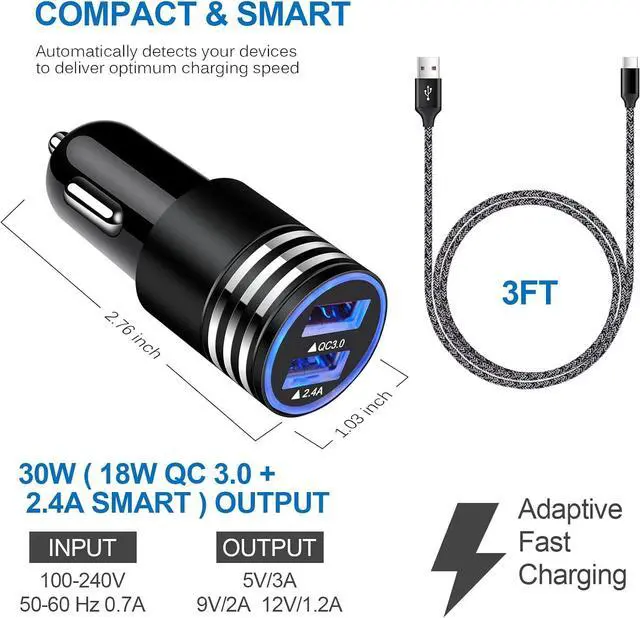 Alt view image 3 of 7 - Car Charger Type C Fast Charger for Samsung Galaxy S25/S24/S23/S22 Ultra/S21 S20 FE Z Flip 6/5/4 A16 A25 A35 A53 A03S A13 A15 A54 A14 A12 A32 S10 S9,Quick Charge 3.0 Rapid Car Adapter+3ft USB C Cable