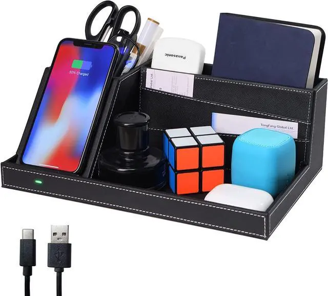 Main image of TopMade Wireless Charger Desk Nightstand Organizer, Leather Pen Holder Office Supplies Desk Accessories Fast Charging Station, Remote Control Holder, for iPhone Charger Stand Gifts for Men (Black)
