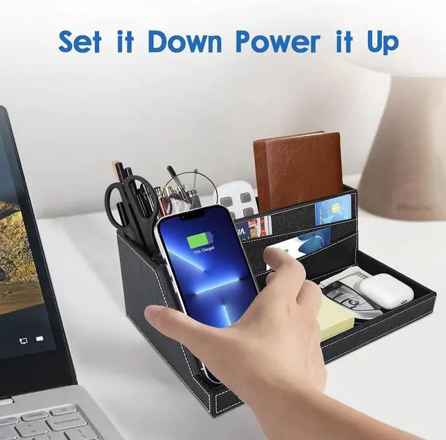 Alt view image 2 of 7 - TopMade Fast Wireless Charging Station with Desk Organizer, PU Leather Home Office Nightstand Organizer for iPhone 16/15/15 Pro/14/14 Pro Max/14 Pro/14 Plus/13/13 Pro Max/13 Pro/12/11 (Black)