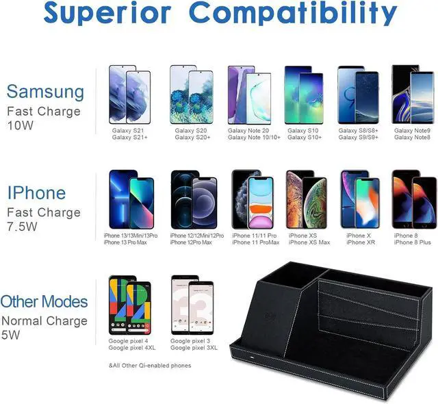 Alt view image 7 of 7 - TopMade Wireless Charger Desk Nightstand Organizer, Leather Pen Holder Office Supplies Desk Accessories Fast Charging Station, Remote Control Holder, for iPhone Charger Stand Gifts for Men (Black)