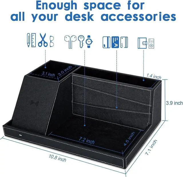 Alt view image 6 of 7 - TopMade Wireless Charger Desk Nightstand Organizer, Leather Pen Holder Office Supplies Desk Accessories Fast Charging Station, Remote Control Holder, for iPhone Charger Stand Gifts for Men (Black)