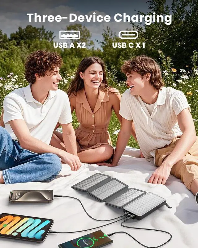 Alt view image 5 of 7 - Hiluckey Solar Charger Power Bank 25000mAh USB C Fast Charging Portable Phone Charger with 4 Solar Panels & 3 USB Outputs for iPhone Tablet