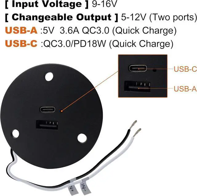 Alt view image 2 of 7 - Facon 12V Wall Mount Socket - RV USB C Charging Port & QC3.0 USB Charger Socket - Dual 18W (A+C) Direct Wire for RV Camper Trailer Boat Electrical