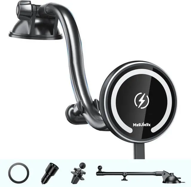 Main image of Fits Magsafe Car Mount Wireless Charger, Gooseneck Long Arm Suction Cup,Dashboard/Vent/Windshield for iPhone 16/15/14/13/12 Series/MagSafe Case/with Fast Charging[18W QC 3.0Adapter]