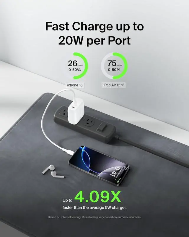 Alt view image 2 of 7 - Belkin Dual Port USB C Charger Block 40W, USB Type C Charger Fast Charging for iPhone 16, 15, 14, 13, Pro, Pro Max, Ultra, iPad, AirPods, Samsung Galaxy S25, Nintendo Switch 2 & More - White (2-Pack)
