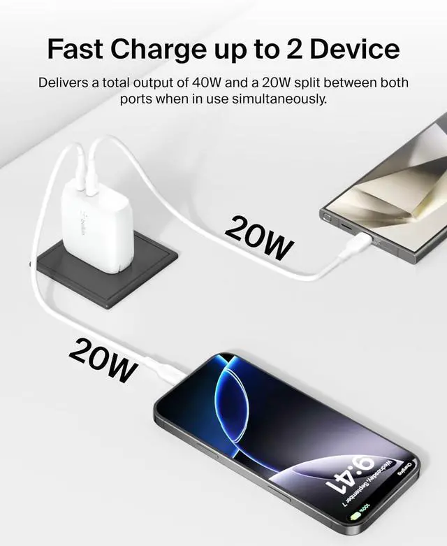Alt view image 3 of 7 - Belkin Dual Port USB C Charger Block 40W, USB Type C Charger Fast Charging for iPhone 16, 15, 14, 13, Pro, Pro Max, Ultra, iPad, AirPods, Samsung Galaxy S25, Nintendo Switch 2 & More - White (2-Pack)