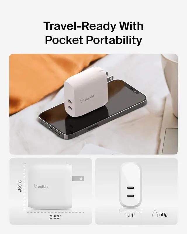 Alt view image 4 of 7 - Belkin Dual Port USB C Charger Block 40W, USB Type C Charger Fast Charging for iPhone 16, 15, 14, 13, Pro, Pro Max, Ultra, iPad, AirPods, Samsung Galaxy S25, Nintendo Switch 2 & More - White (2-Pack)