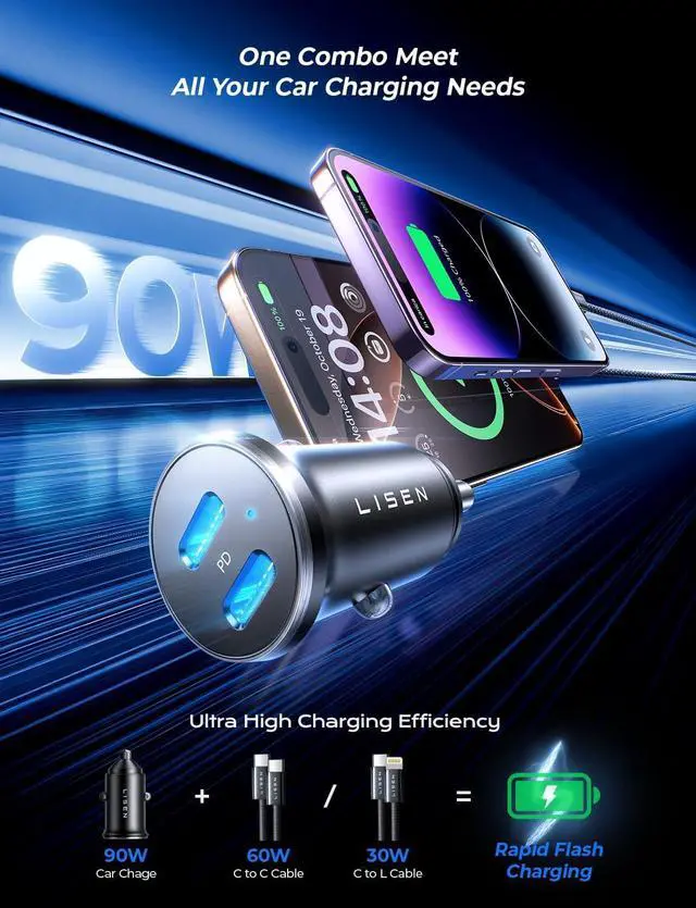 Alt view image 2 of 7 - LISEN 90W USB C Car Charger Fast Charging, Dual PD 45W USB C Port for iPhone 16 Car Charger, Super Fast Car Charger USB C Cigarette Lighter Adapter with USB C & Lightning Cable for iPhone 15/14/Galaxy