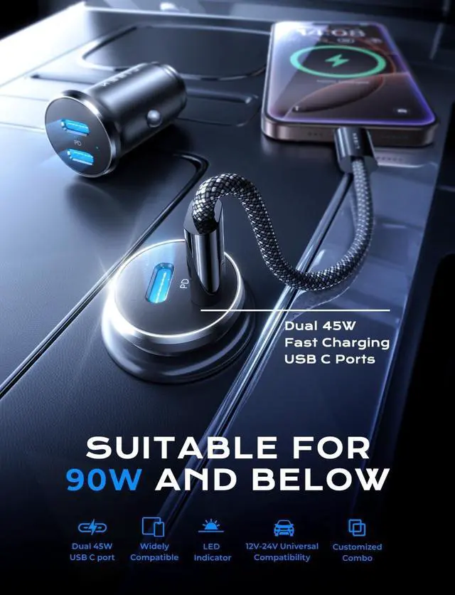 Alt view image 3 of 7 - LISEN 90W USB C Car Charger Fast Charging, Dual PD 45W USB C Port for iPhone 16 Car Charger, Super Fast Car Charger USB C Cigarette Lighter Adapter with USB C & Lightning Cable for iPhone 15/14/Galaxy