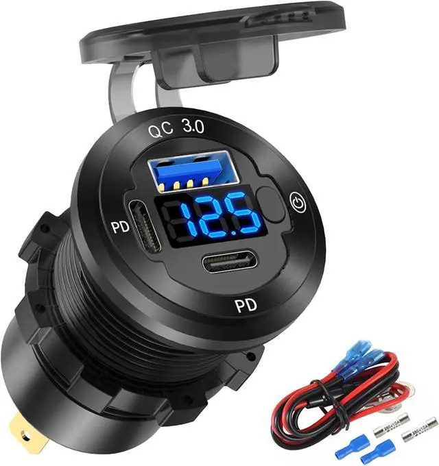 Main image of 12V USB Car Socket Round USB C 12V Outlet, 3-Port Marine Fast Charger Waterproof Cigarette Outlet Replacement Aluminum with Switch & Voltmeter, Suitable for Boat Golf Cart RV Motorcycle Truck