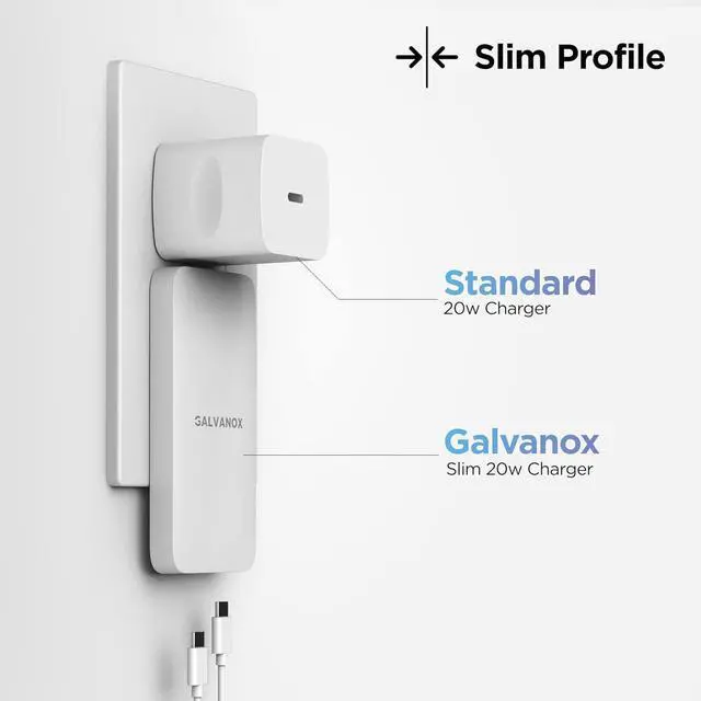 Alt view image 2 of 7 - Galvanox Dual USB-C Flat Wall Charger - Fast Charging Ultra Slim Outlet Plug, Multi Port Type C for iPhone 13, 14, 15 iPhone 16 Pro Max and Samsung Galaxy Phones (20W)