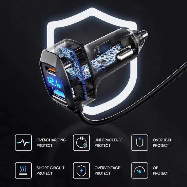 Alt view image 7 of 7 - LENCENT 5 Multi Ports Type C Car Charger, 31W USB C Charger Adapter, Compatible for Samsung, iPhone, iPad, Voltage Detection, Multiple Cigarette Lighter Adapter with 5FT Cable for Back Seat Charging