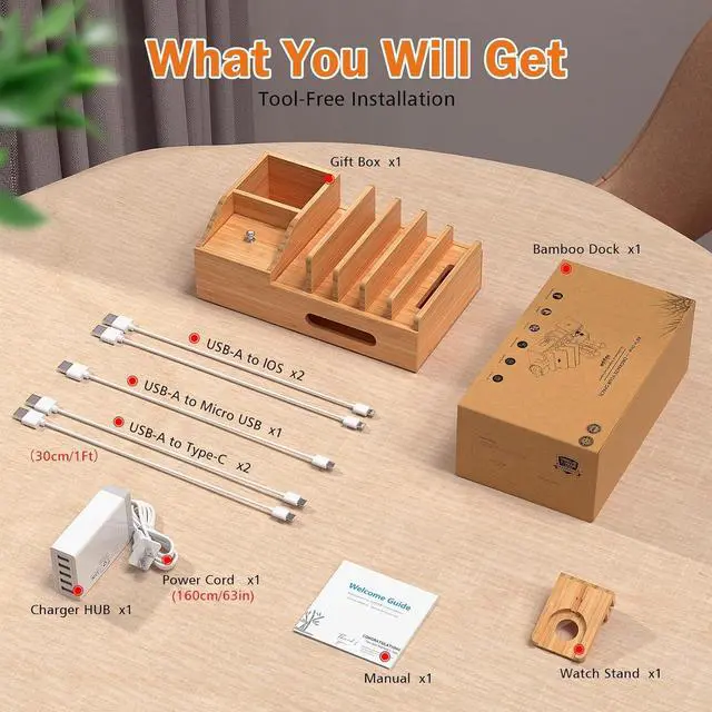 Alt view image 3 of 7 - Bamboo Charging Station for Multiple Devices with 5 Port USB Charger, 5 Charger Cables and Smart Watch Stand. Wood Desktop Dock Stations Electronic Organizer for Cell Phone, Tablet, Watch, Office