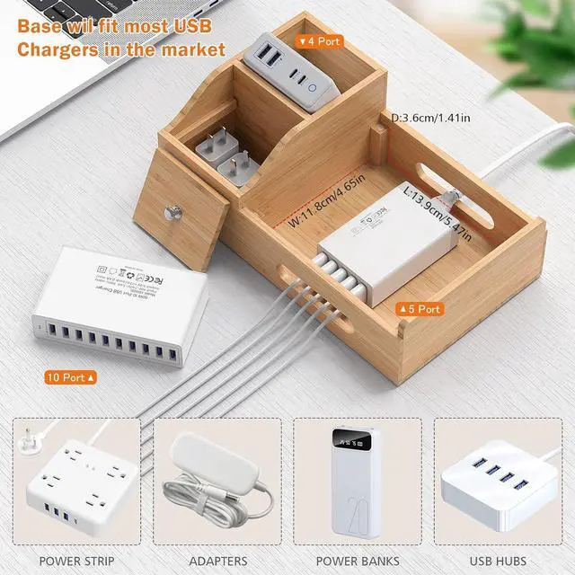 Alt view image 5 of 7 - Bamboo Charging Station for Multiple Devices with 5 Port USB Charger, 5 Charger Cables and Smart Watch Stand. Wood Desktop Dock Stations Electronic Organizer for Cell Phone, Tablet, Watch, Office