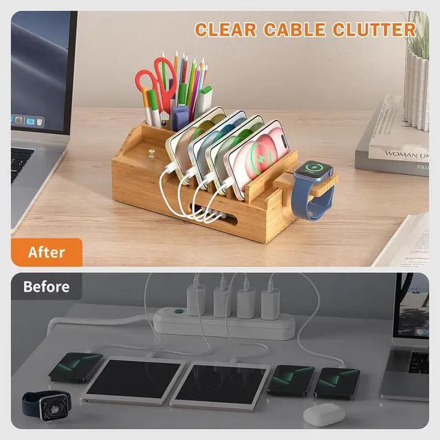Alt view image 6 of 7 - Bamboo Charging Station for Multiple Devices with 5 Port USB Charger, 5 Charger Cables and Smart Watch Stand. Wood Desktop Dock Stations Electronic Organizer for Cell Phone, Tablet, Watch, Office