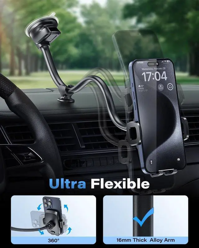 Alt view image 4 of 7 - Solid Car Truck Phone Mount Holder with 14-Inch Gooseneck Long Arm Windshield Window Mobile Holders w/Industrial-Strength Suction Cup Anti-Shake Stabilizer Compatible All Cell Phones iPhone