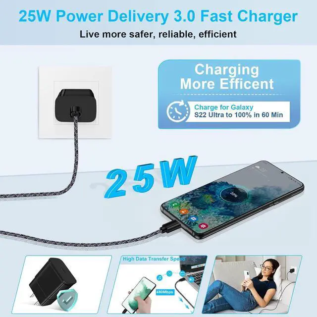 Alt view image 2 of 7 - Super Fast Charger Type C, 25W Android Phone Charger for Samsung Galaxy A17 A16 5G A15 A14 A56 A55 A54 A53 A36 A35 A26 A06 S25 Ultra S24 S23 S22 S21 S20 A13 A12, 60W Car Charger, USB C to USB C Cable