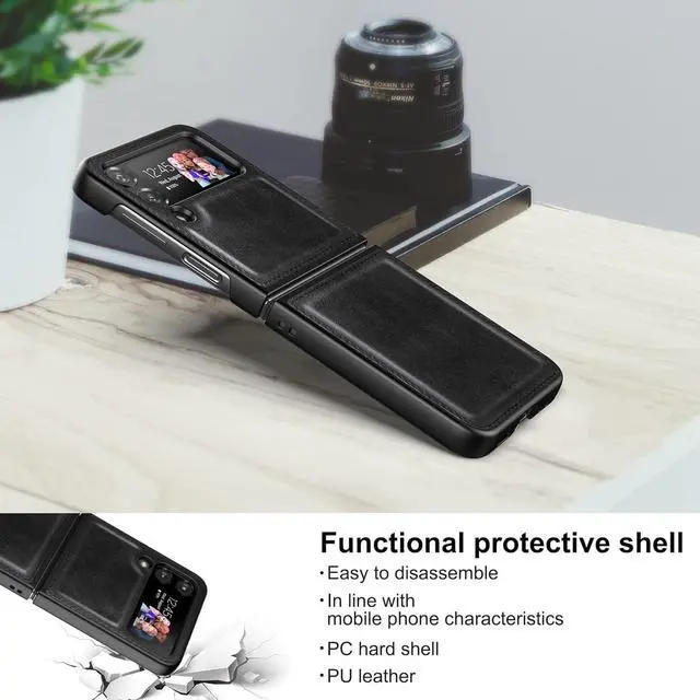 Alt view image 3 of 7 - Foluu Galaxy Z Flip 4 5G Leather Case, PU Leather + Hard PC Shell Ultra-Thin Durable Phone Cover (Black)