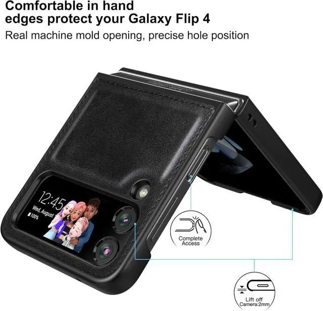 Alt view image 2 of 7 - Foluu Galaxy Z Flip 4 5G Leather Case, PU Leather + Hard PC Shell Ultra-Thin Durable Phone Cover (Black)